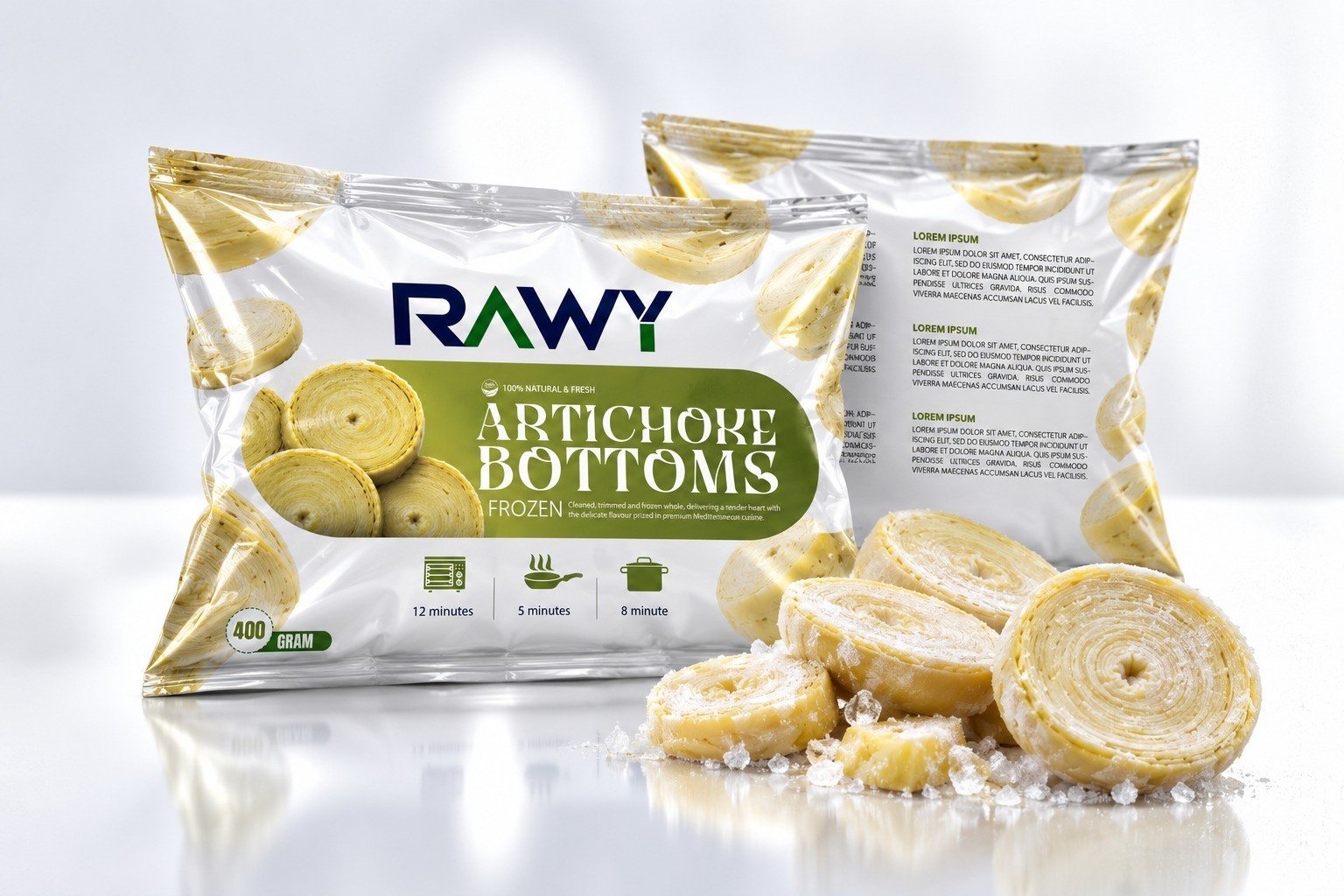 RAWY frozen artichoke bottoms in a 400 g pack